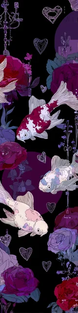 Free purple bookmark featuring swimming fish with flowers